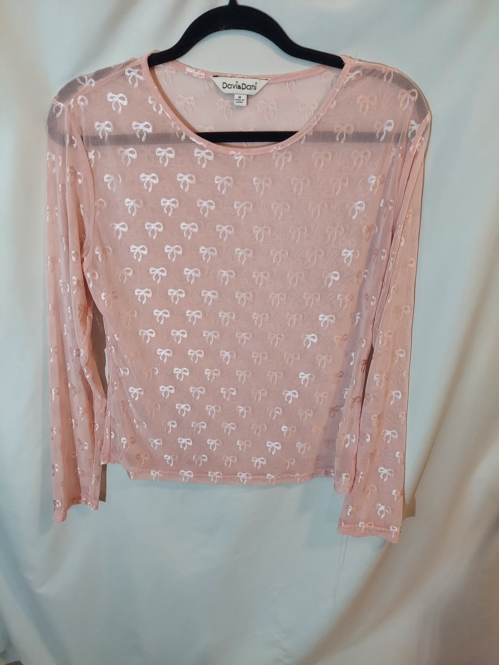 DAVI & DANI Sheer Blush Pink Long Sleeve Bow-Embroidered Top